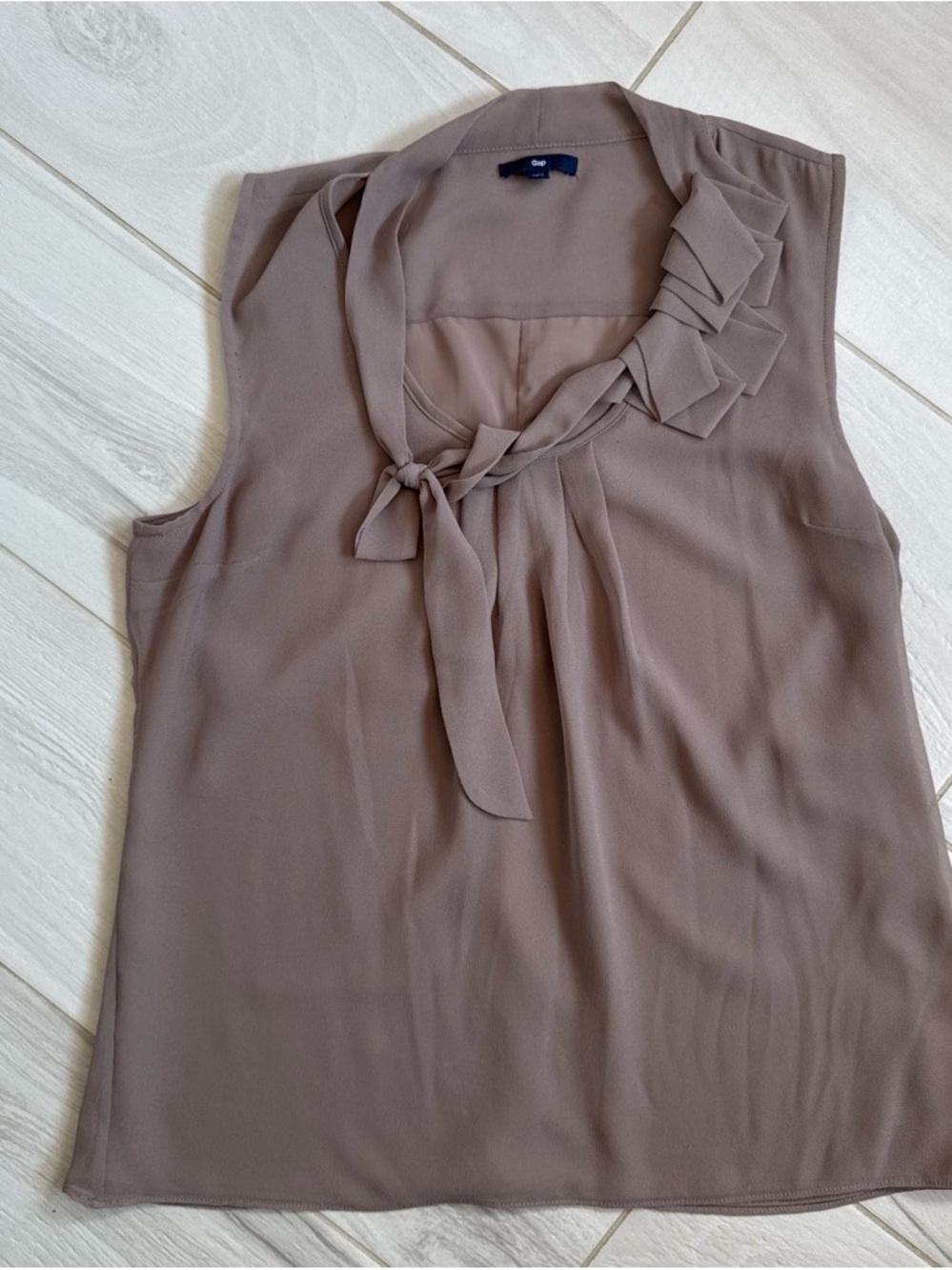 GAP Taupe Tie-Neck Ruffle Sleeveless Blouse